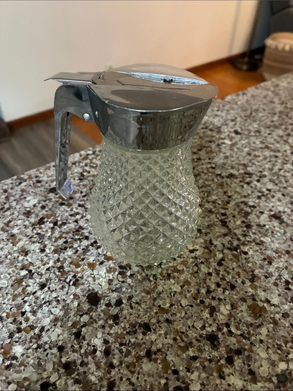 Vintage Diamond Point Cut Glass Syrup Pitcher